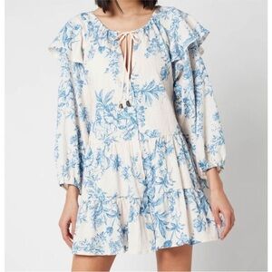 Free People Sunbaked Swing Mini Dress  Tea Combo Floral Tie Neck Ruffled size S